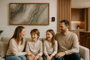Family sitting on a sofa laughing, on the background wall there is a SunWave heating panel and a smart thermostat