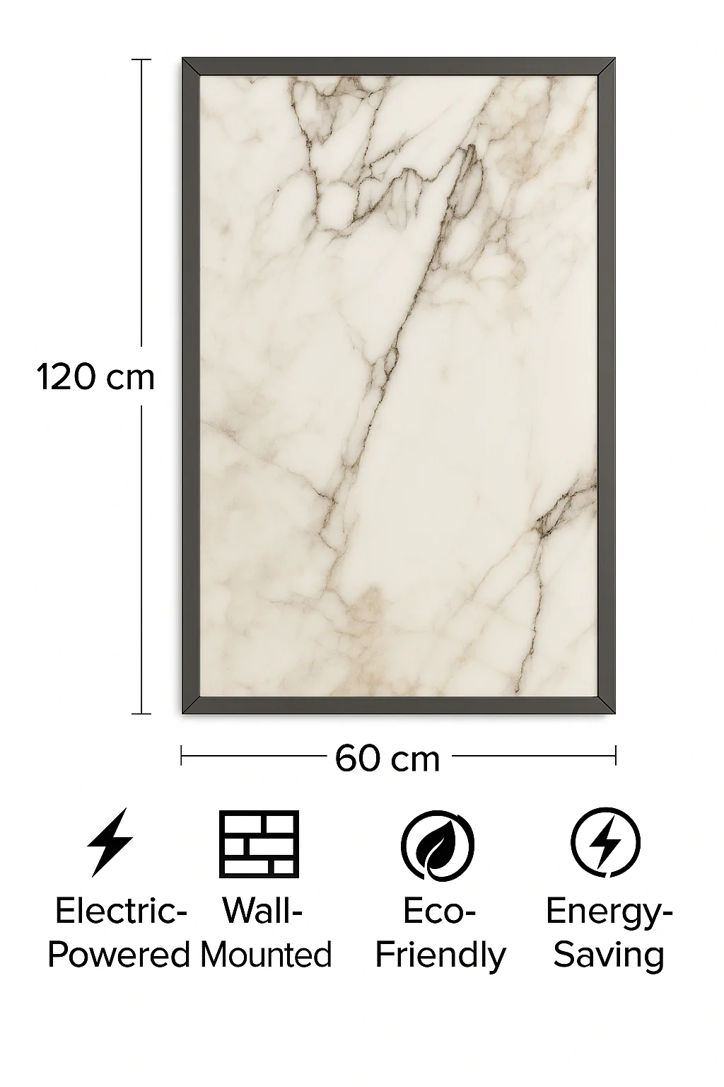Marble Luxe dekorativ infrarød varmepanel, 60x120cm, hvit marmorfinish med grå ramme.