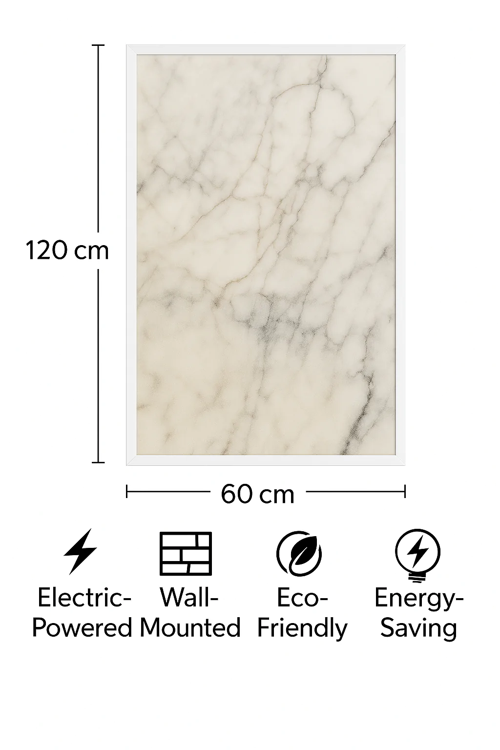 Carrara Mist dekorativ infrarød varmepanel, 60x120cm, marmor-inspirert overflate med hvit ramme.