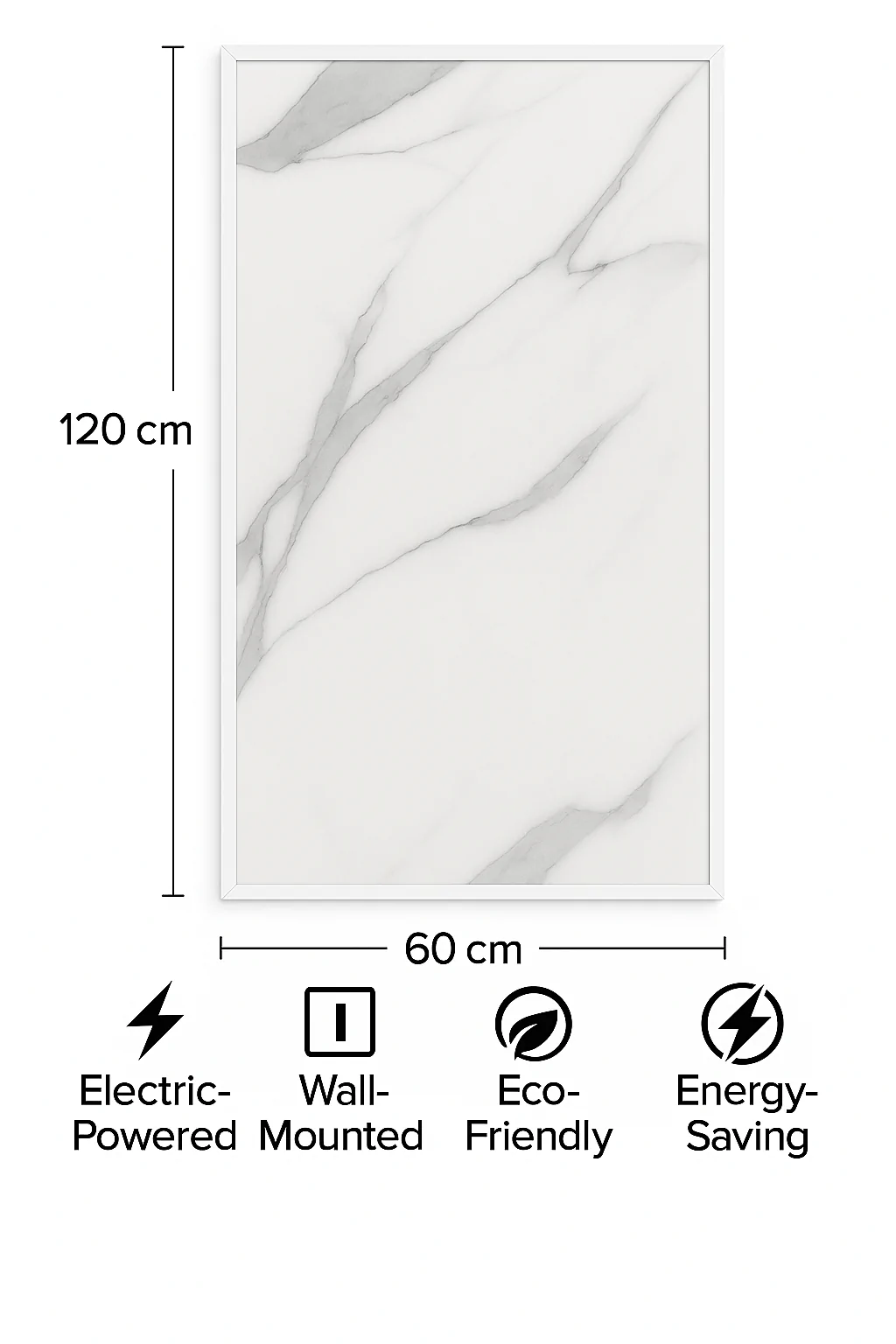 Infrarød panel 60x120cm med hvit marmoroverflate og delikate grå årer. Elegant varme med minimalistisk hvit ramme