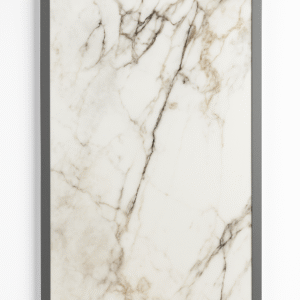 Marble Luxe dekorativ infraröd värmepanel, 60x120cm, vit marmoryta med grå ram.