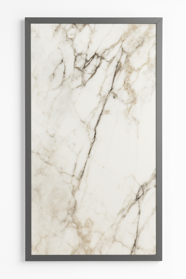 Marble Luxe dekorativ infraröd värmepanel, 60x120cm, vit marmoryta med grå ram.