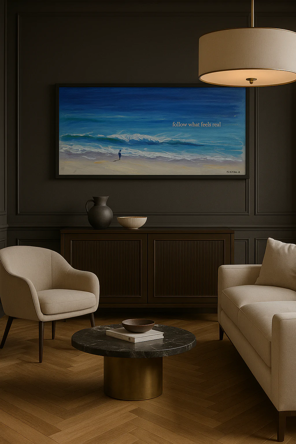 Ocean Spirit decorative infrared heating panel, 60x120cm, featuring a hand-painted seascape with blue waves and sandy shore, framed in black, with the text “follow what feels real”.